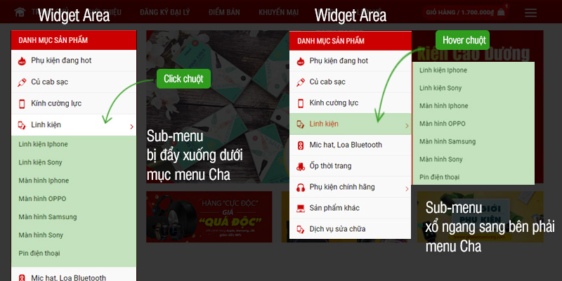 Hình trái: menu mặc định của Flatsome trong Widget Area. Hình phải: menu xổ ngang sau khi sửa CSS